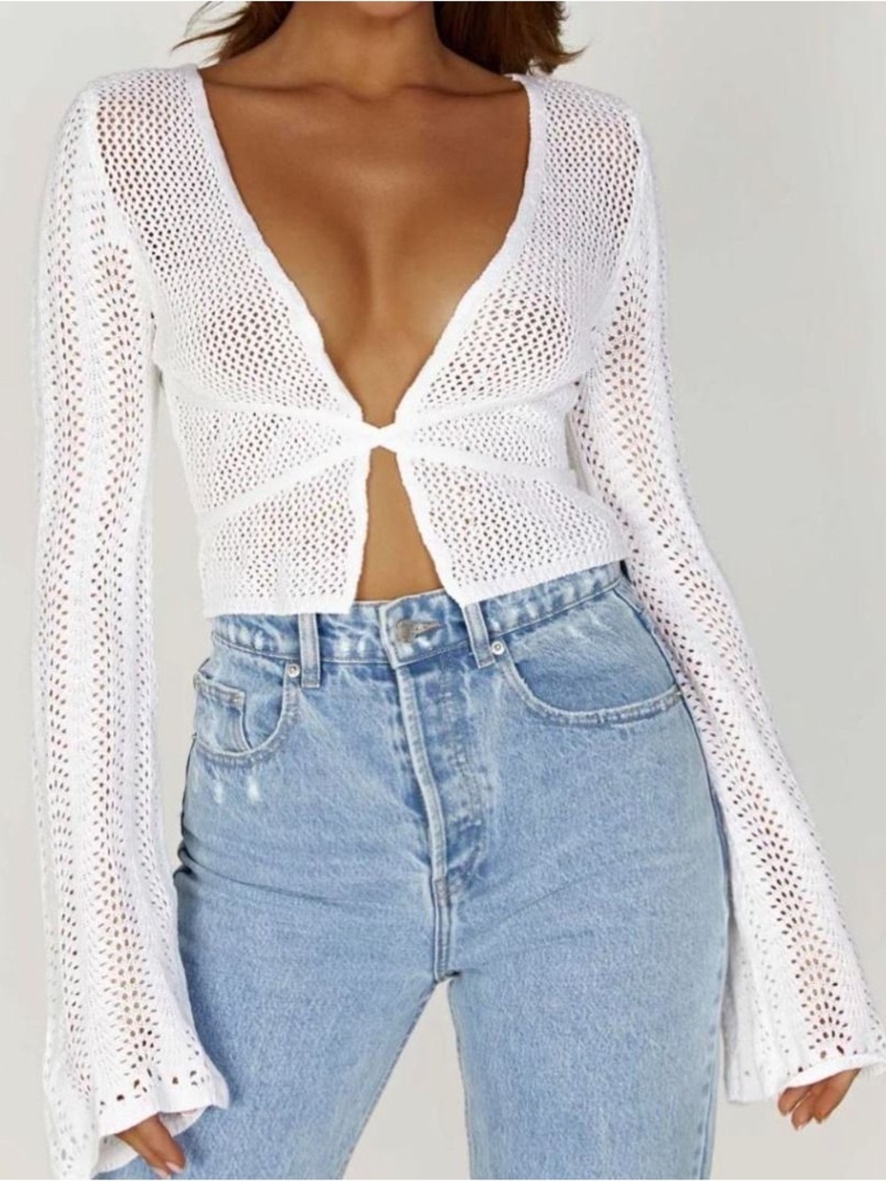 Meshki Yarn Cardi Top White Open-Knit Tie-Front Crop Top